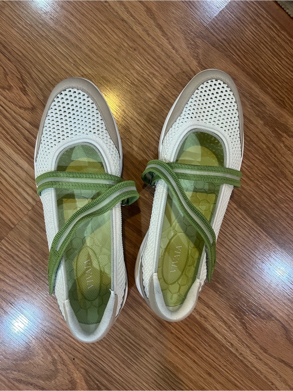 Women’s Cream Knit Mary Jane Flats with Green Straps